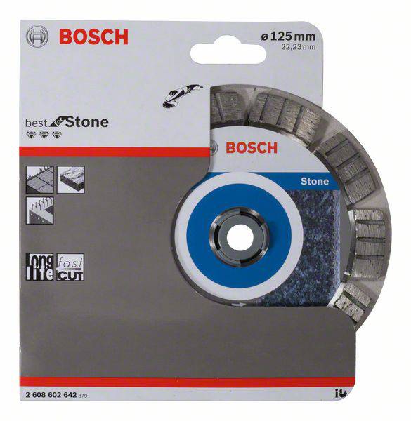 'Bosch' Diamantsägeblatt für Stein, Durchmesser 125 mm, abgebildet in Verpackung. Geeignet für präzise und langlebige Steinbearbeitung.