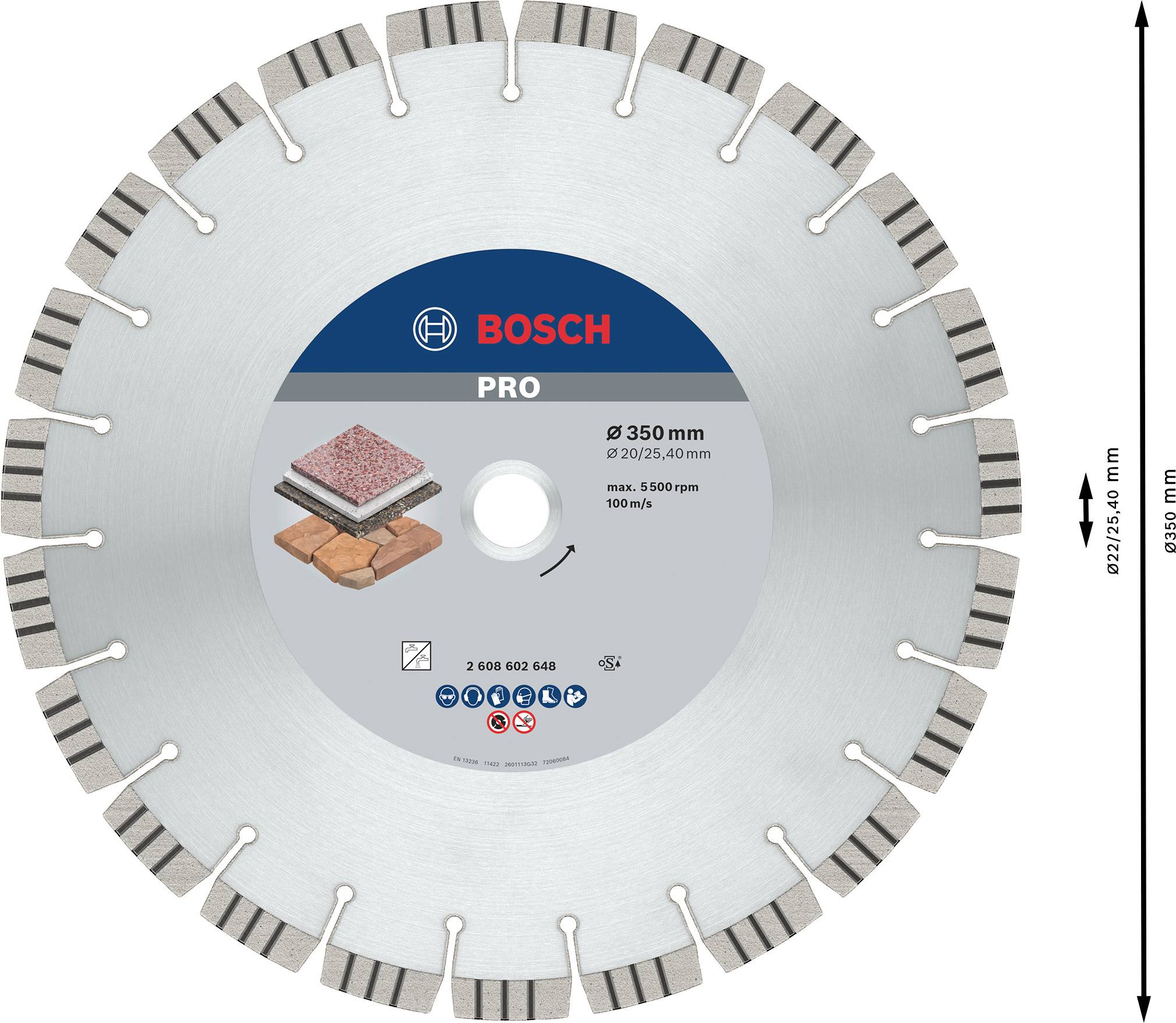 Diamantsägeblatt von Bosch mit 350 mm Durchmesser, geeignet für harte Materialien wie Beton und Ziegel. Maximale Drehzahl: 5500 U/min.