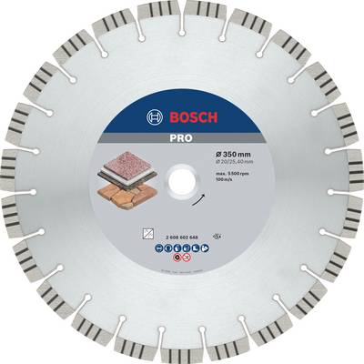 Diamantsägeblatt mit Bosch-Logo und der Aufschrift 'PRO'. Geeignet für Beton mit 350 mm Durchmesser und maximal 5500 Umdrehungen pro Minute.