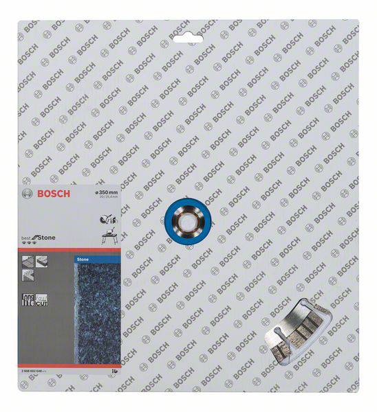 Eine Bosch-Stein-Trennscheibe verpackt in einer transparenten Kunststoffhülle mit Firmenlogo und Produktinformationen auf der Verpackung.