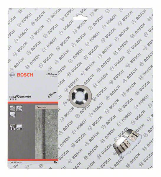 'Bosch 300 mm Beton-Trennscheibe in Verpackung. Geeignet für Beton. Abbildung zeigt Scheibe und Produktverpackung mit Spezifikationen.'