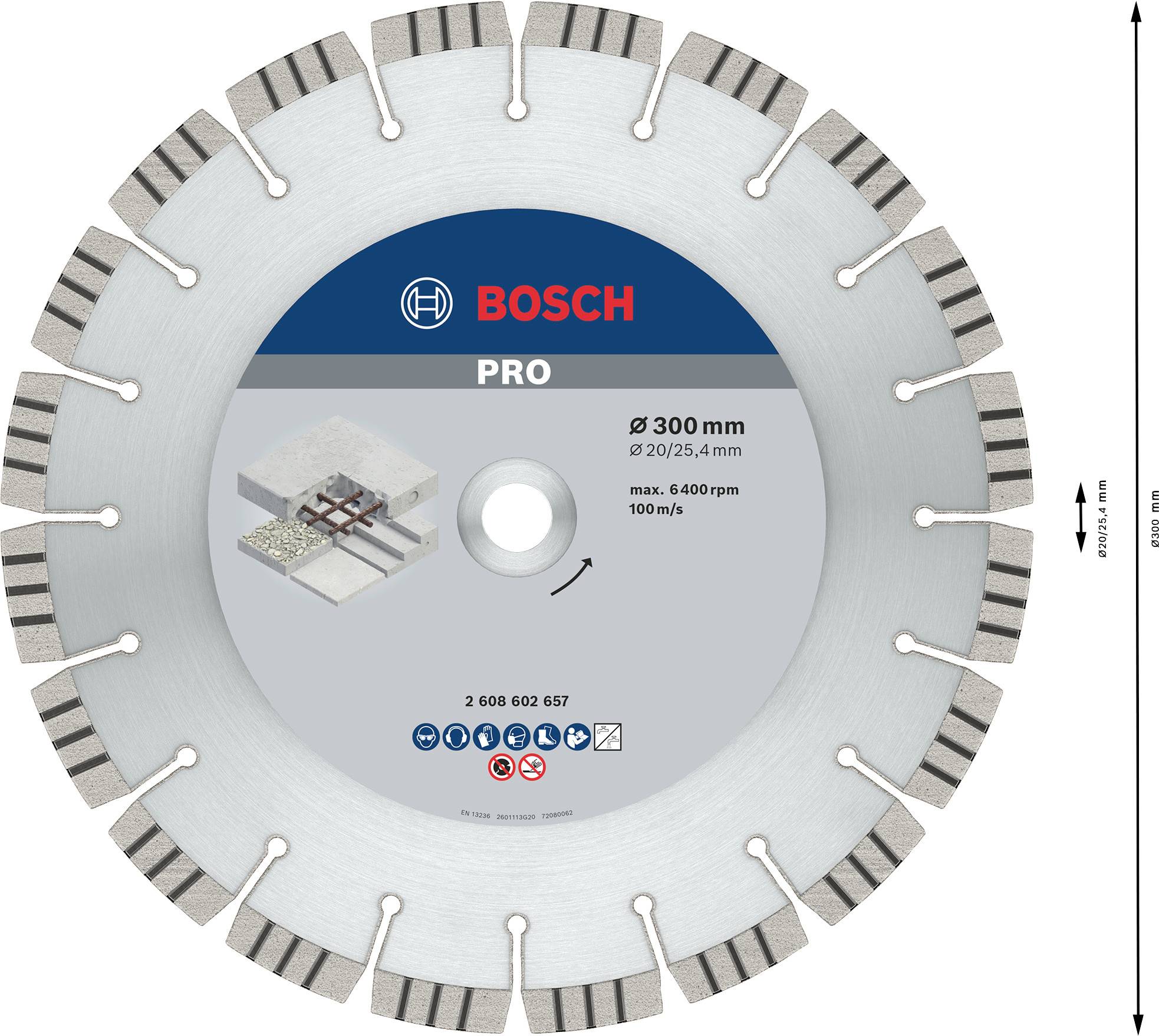 Diamantscheibe von 'BOSCH PRO', Durchmesser 300 mm, für Steinbearbeitung, Abbildung eines Schnittprofils, max. 6400 U/min.