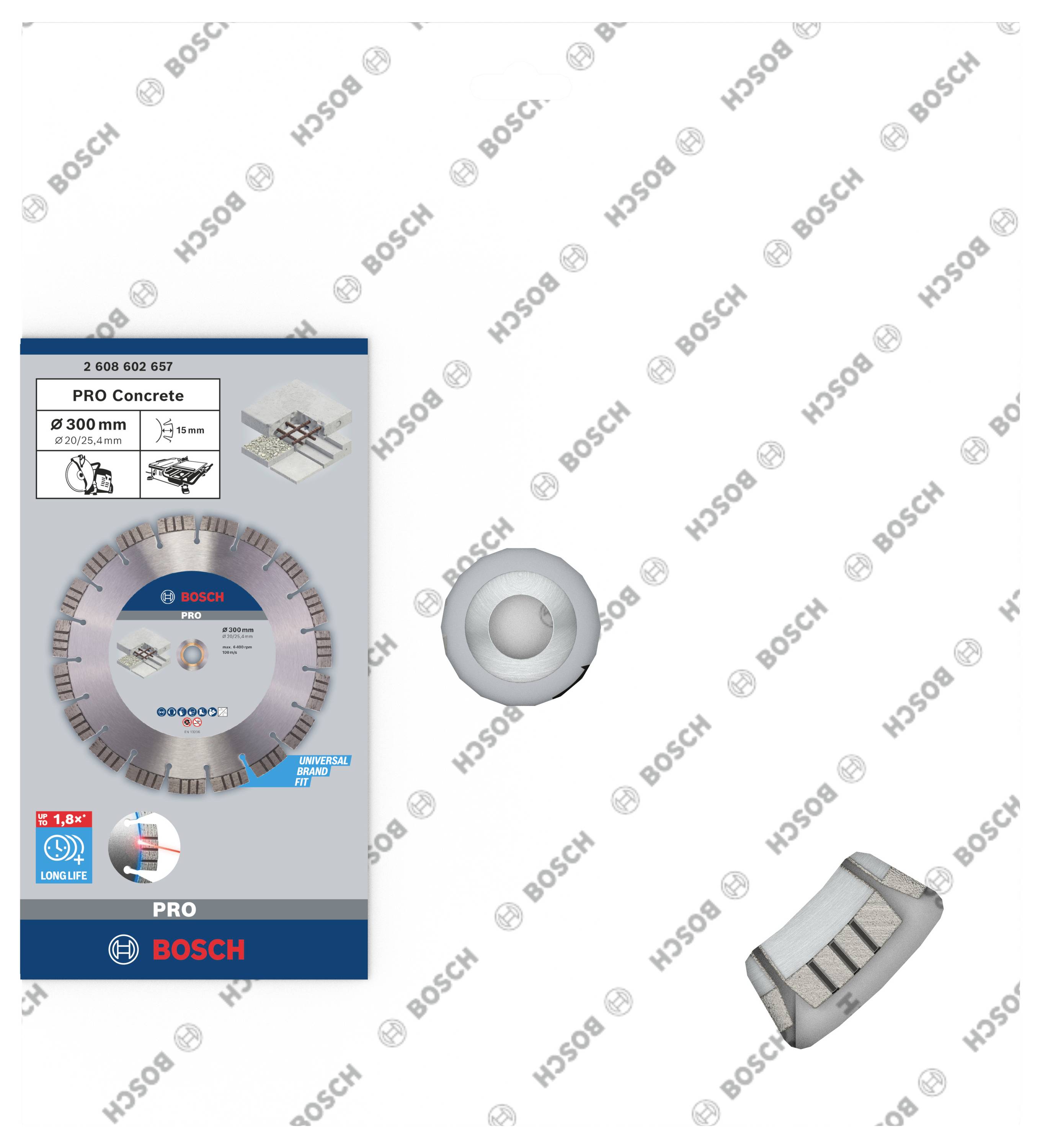 Die Abbildung zeigt eine Bosch Beton-Trennscheibe mit 300 mm Durchmesser. Verpackung mit Produktinformationen und Logos.