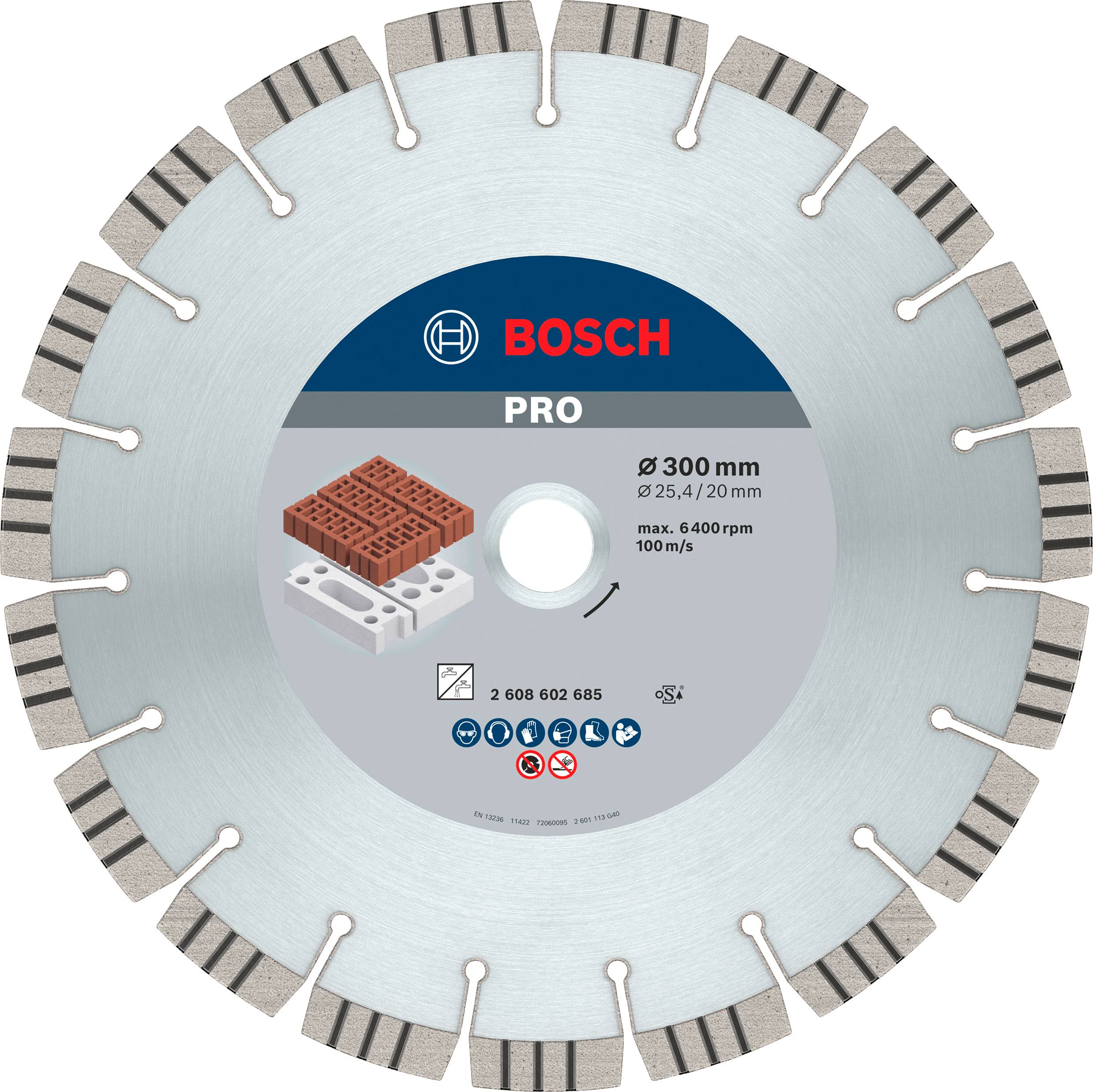 Diamanttrennscheibe von Bosch, Ø 300 mm, geeignet für Ziegel, maximal 6400 U/min und 100 m/s, Bild von Ziegel und Betonblock.