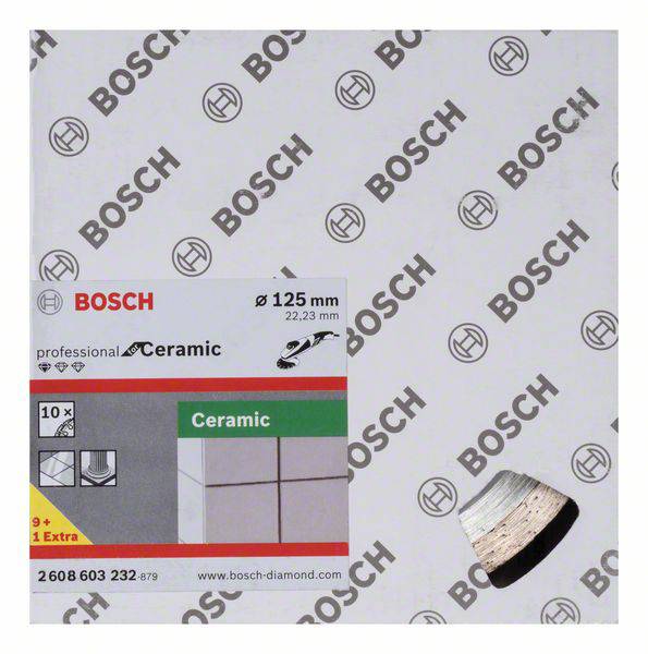 Verpackung für Bosch Keramik-Sägeblatt, Durchmesser 125 mm, professionelle Nutzung, Abbildung von Kachelmaterial, 10 Stück.