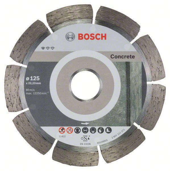 Diamantscheibe der Marke Bosch für Beton, Durchmesser 125 mm, 80 m/s Geschwindigkeit, max. 12.250 U/min, Sicherheits- und Verwendungshinweise.