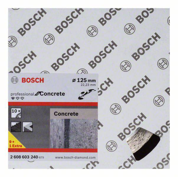 'Bosch Professional Concrete'. Trennscheibe für Beton, Durchmesser 125 mm, 10+1 Extra. Rechteckiger Karton mit Markenlogo.
