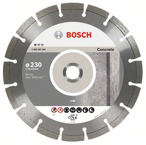 Ein Trennscheibe für Beton von Bosch, Durchmesser 230 mm, für schnelles Schneiden mit 80 m/s, max. 6650 U/min, Symbol für Sicherheitshinweise.