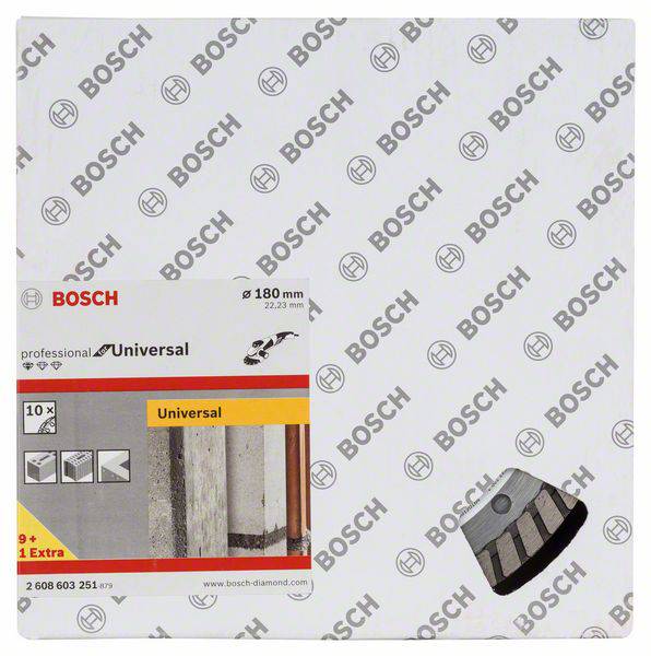 Verpackung für Bosch-Universal-Trennscheiben, 180 mm Durchmesser, für professionelle Anwendungen auf verschiedenen Materialien.