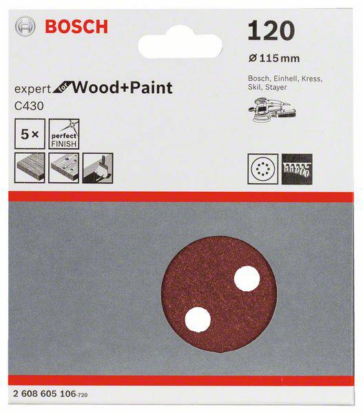 Rotes Schleifpapier mit zwei Löchern, geeignet für Holz und Farbe. Aufschrift 'Bosch Expert C430'. 5 Stück, 120 Körnung, 115 mm.