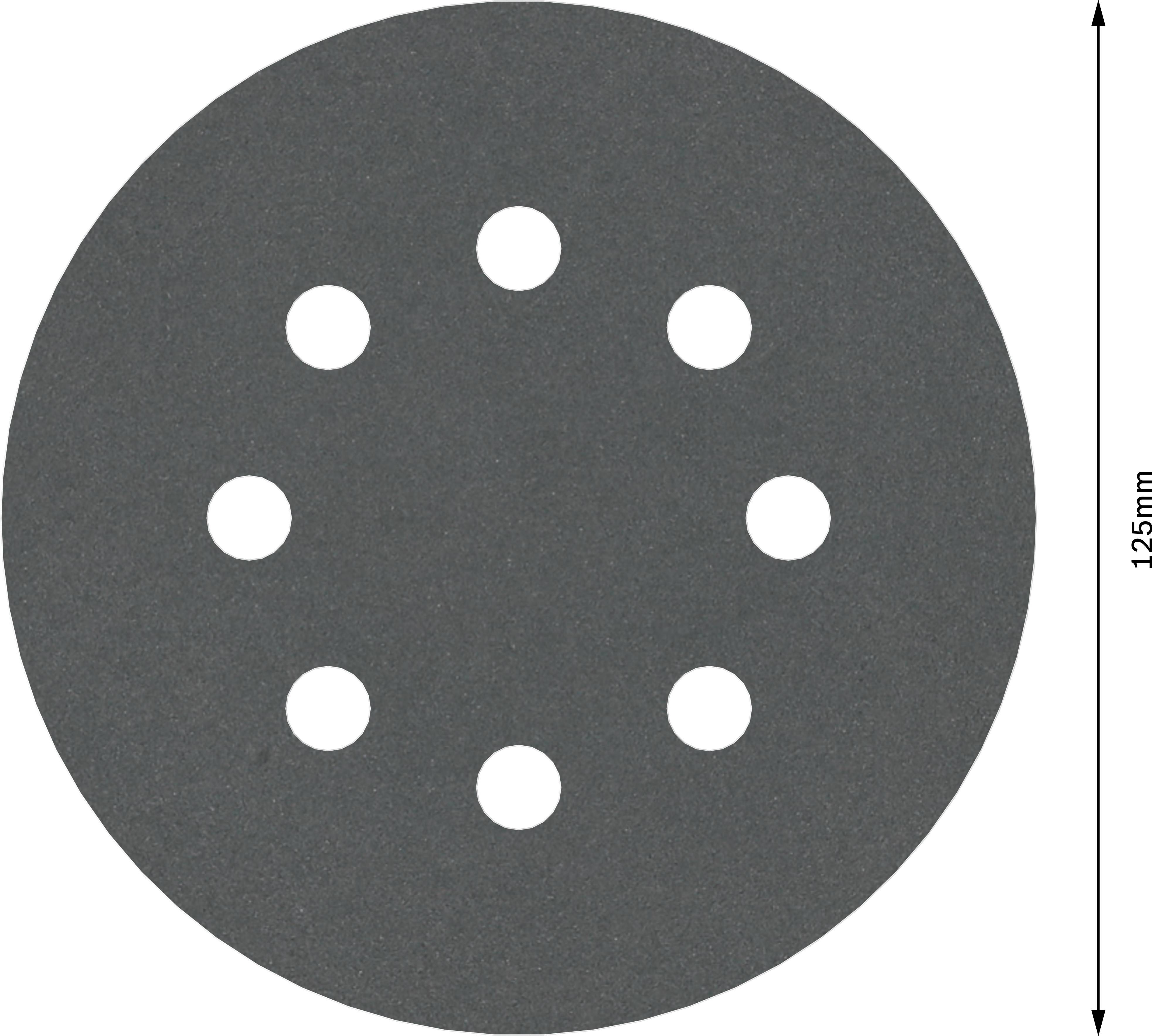 Ein rundes Schleifpapier mit einem Durchmesser von 125 mm, ausgestattet mit acht gestanzten Löchern.