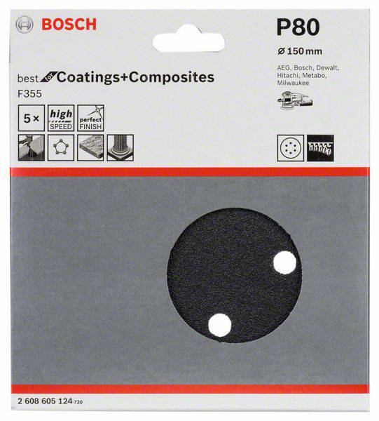 Verpackung eines Bosch Schleifpapiers mit Körnung P80, geeignet für Beschichtungen und Verbundstoffe; Durchmesser 150 mm.