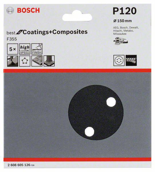 'Bosch Schleifscheibe P120, Durchmesser 150 mm, ideal für Beschichtungen und Verbundwerkstoffe, hohe Geschwindigkeit, 5er Pack.'