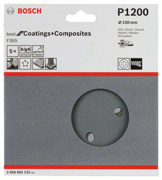 Eine Bosch-Schleifscheibe, Modell P1200, geeignet für Beschichtungen und Verbundwerkstoffe, Durchmesser 150 mm, kompatibel mit mehreren Werkzeugmarken.