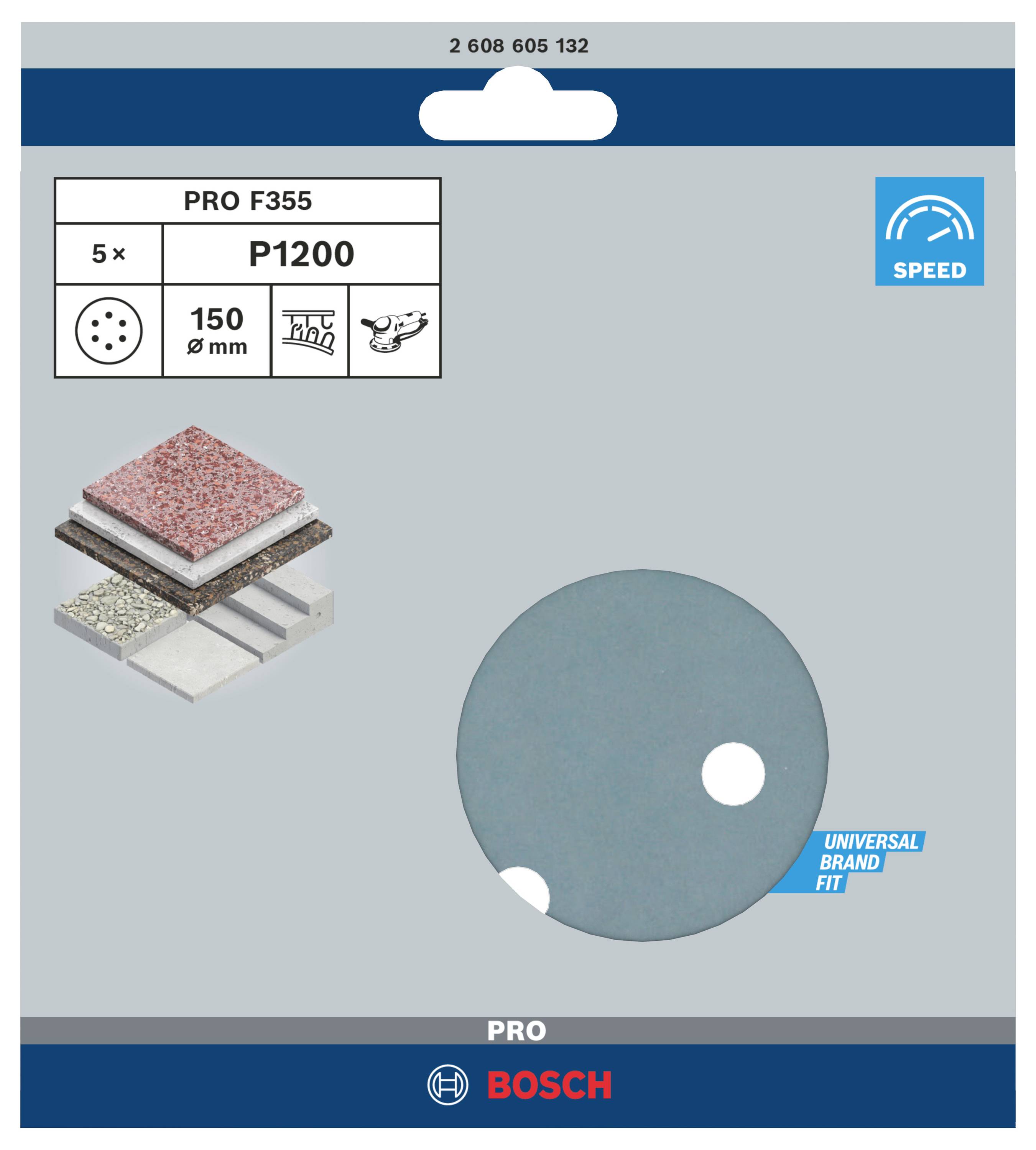 'Bosch PRO F355 Schleifpapier, Körnung P1200, 150 mm, 5 Stück. Geeignet für Lackschliff, Füller und Synthetikmaterial.'