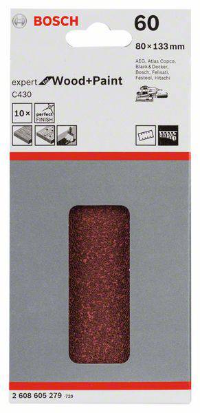 Verpackung eines Bosch-Schleifpapiers, Körnung 60, geeignet für Holz und Farbe, Abmessungen 80 x 133 mm, 10 Stück pro Packung.