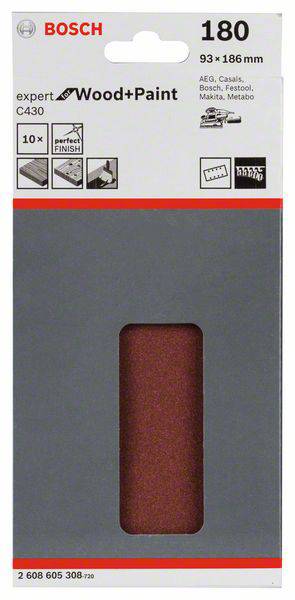 Verpackung für 'Bosch' Schleifpapier, geeignet für Holz und Farbe, Körnung 180, 10 Stück, Maße 93 x 186 mm.
