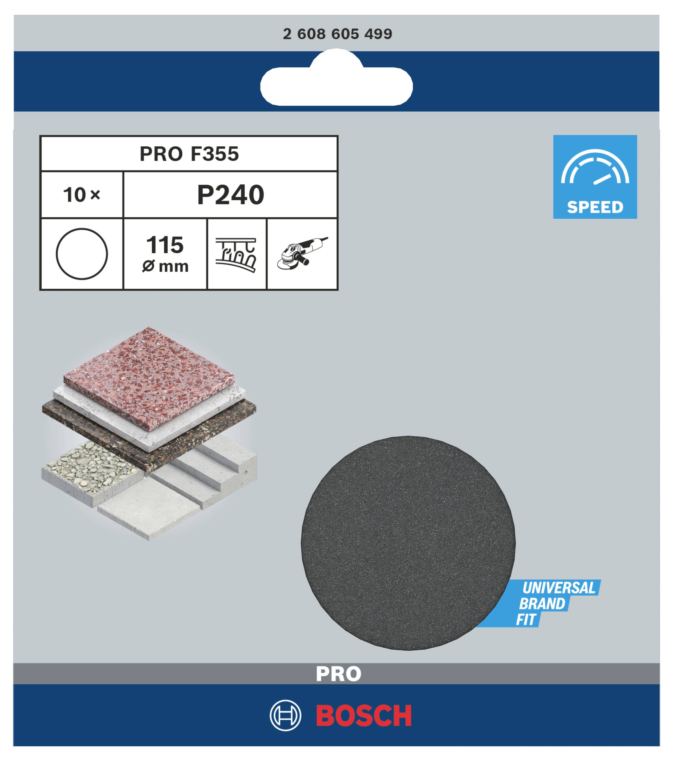 Verpackung einer Pro F355 Schleifscheibe, Körnung P240, Durchmesser 115 mm. Geeignet für verschiedene Materialien. Marke: Bosch.