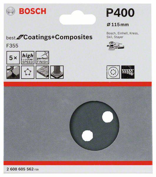 Schleifpapier 'P400', Ø 115 mm, geeignet für Coatings+Composites. Marke: Bosch, F355. Enthält Symbole für hohe Geschwindigkeit und perfektes Finish.