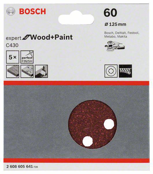 'Bosch Schleifpapier, 125 mm, Körnung 60, geeignet für Holz und Farbe, 5 Stück, ideal für saubere Oberflächenbearbeitung.'