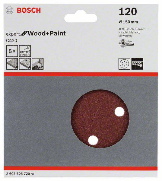 Die Verpackung zeigt Schleifpapier einer bekannten Marke, geeignet für Holz und Farbe, Körnung 120, Durchmesser 150 mm, für diverse Geräte.