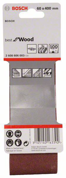 Schleifpapier von Bosch, 60 x 400 mm, best for Wood, 100 Körnung. Enthält Symbole für Anwendung und Nutzungshinweise.