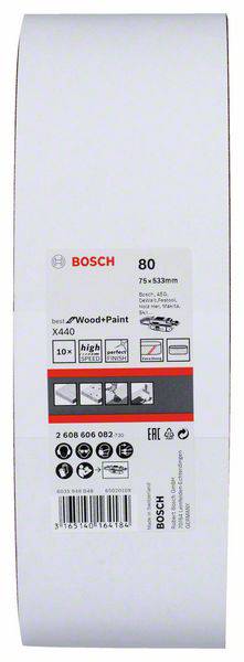 Eine Rolle Schleifpapier, Marke Bosch, Körnung 80, geeignet für Holz und Farbe, 75x533 mm, 10 Stück, hoher Qualifikation.