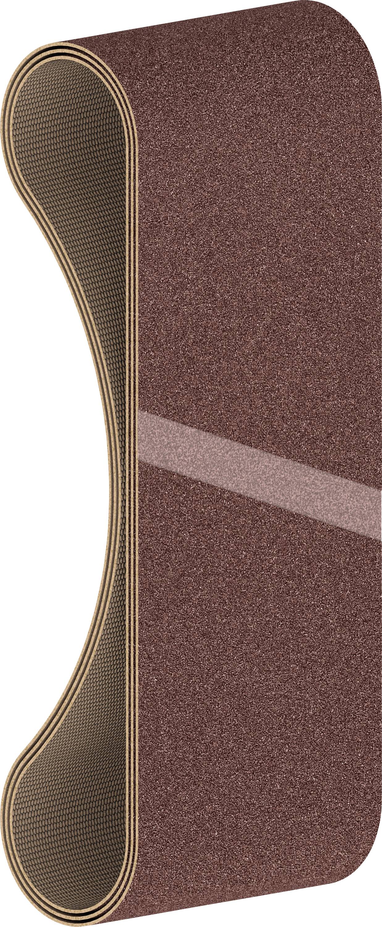 Ein Schleifband in Schleifenform, braune Körnung, geeignet für Maschinenbearbeitung von Holz oder Metall.