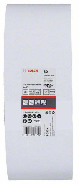 Etikett auf Schleifpapierrolle: Marke 'Bosch', 80er Körnung, Maße 100x610 mm, geeignet für Holz und Farbe. Enthält Produktinformationen und Symbole.
