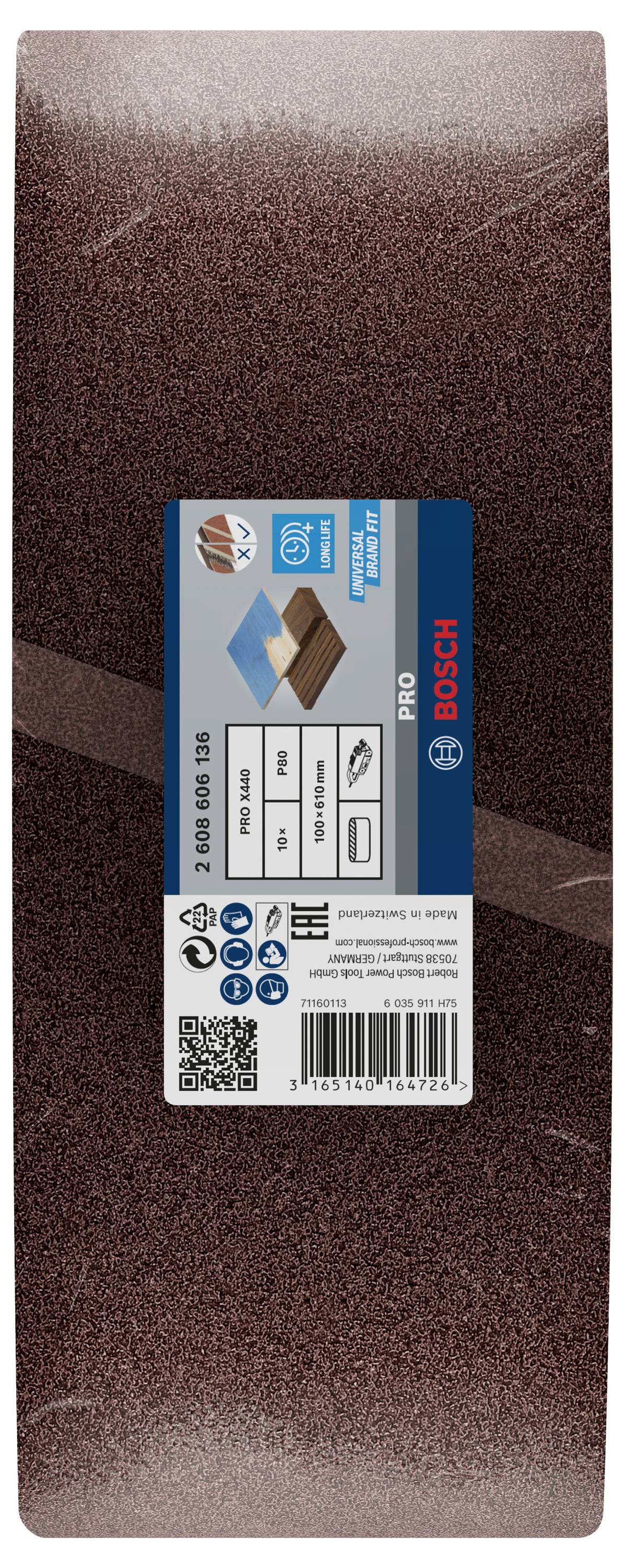 Schleifblatt von Bosch, grobe Körnung 120, geeignet für Holz und Metall. Enthält Produktinformationen und Symbole zur Anwendung.