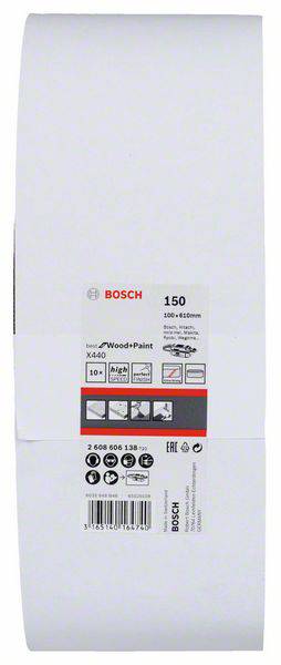 Die Abbildung zeigt eine Verpackung Schleifpapier von Bosch, geeignet für Holz und Farbe, Körnung 150, Maße 100x6100mm.