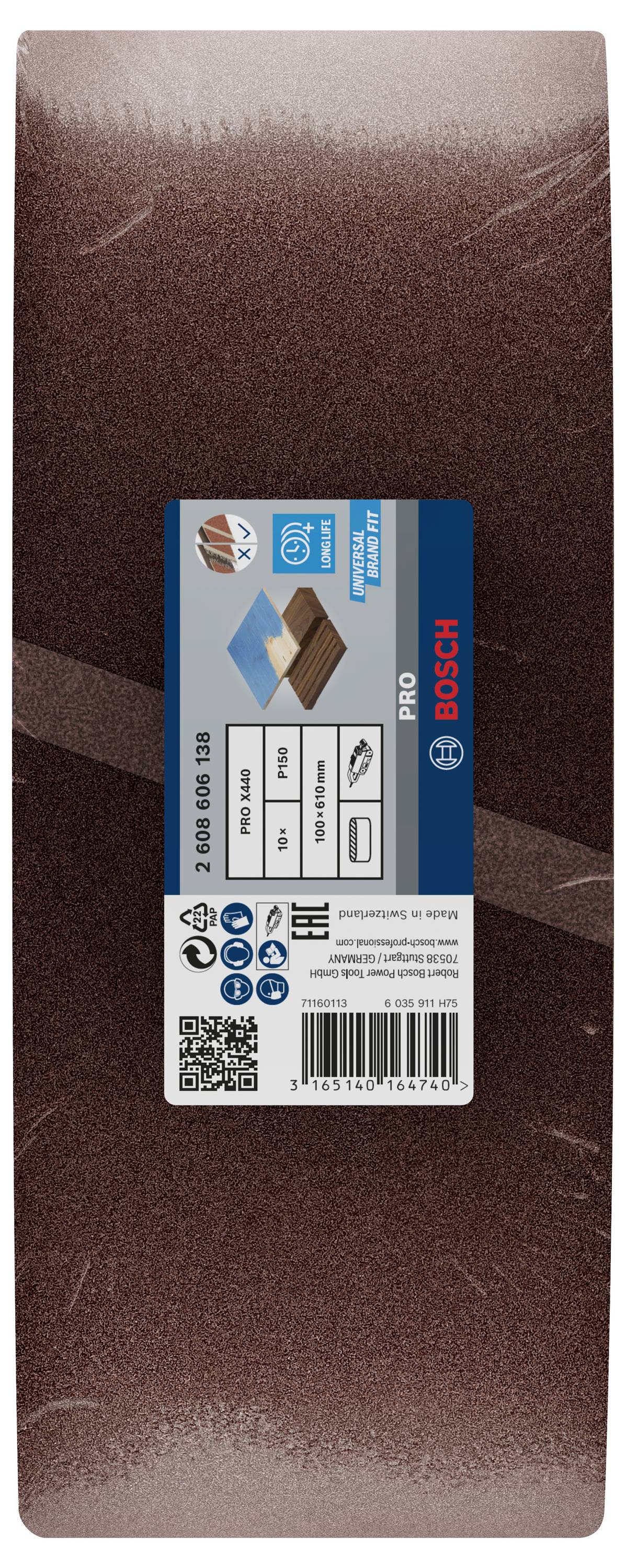Sander-Klettband von Bosch, P40 Körnung, geeignet für Holz, Farbe und Metall. Verpackt, 13 Blatt, braune Farbe mit Produktetikett.