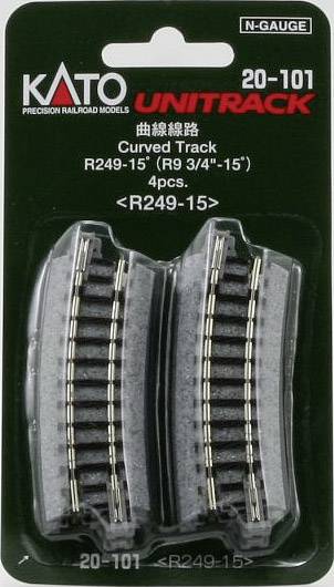 'KATO Unitrack Kurvengleis R249-15', N-Spur Modellbahn-Gleise, 4 Stück. Verpackung zeigt gekrümmte Gleisabschnitte auf schwarzem Hintergrund.