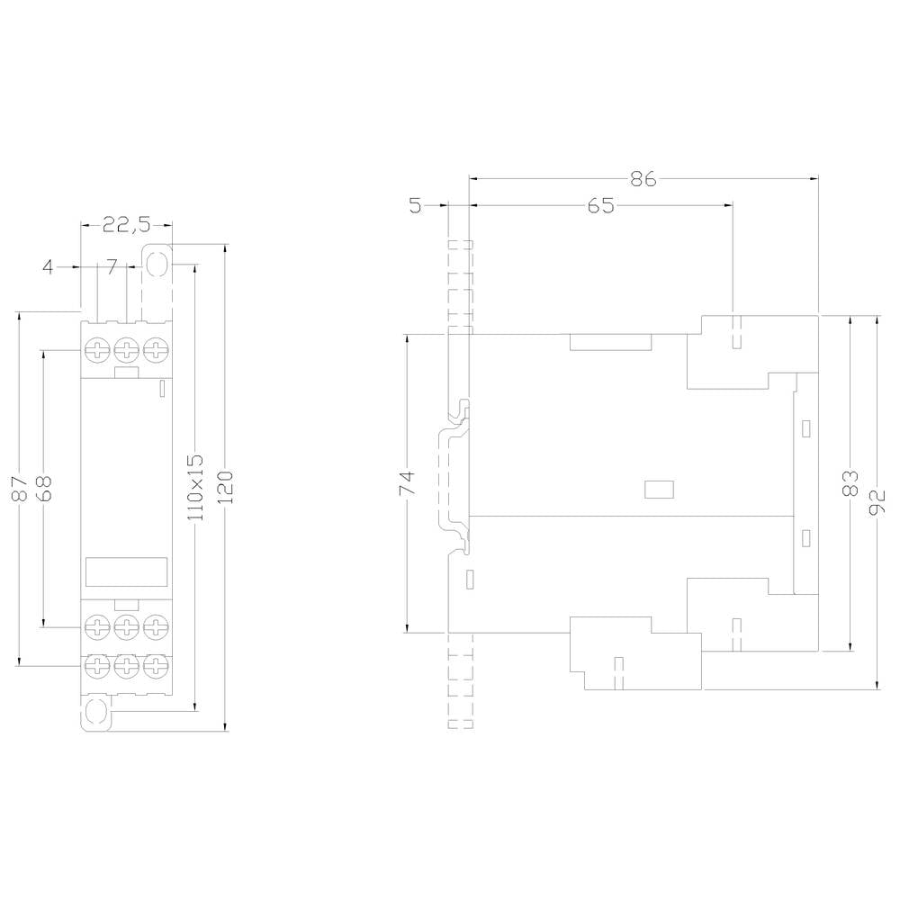 'Diagramm einer elektrischen Schaltvorrichtung mit Abmessungen: links 110 x 87 mm, rechts 82 x 74 mm. Schraubanschlüsse dargestellt.'
