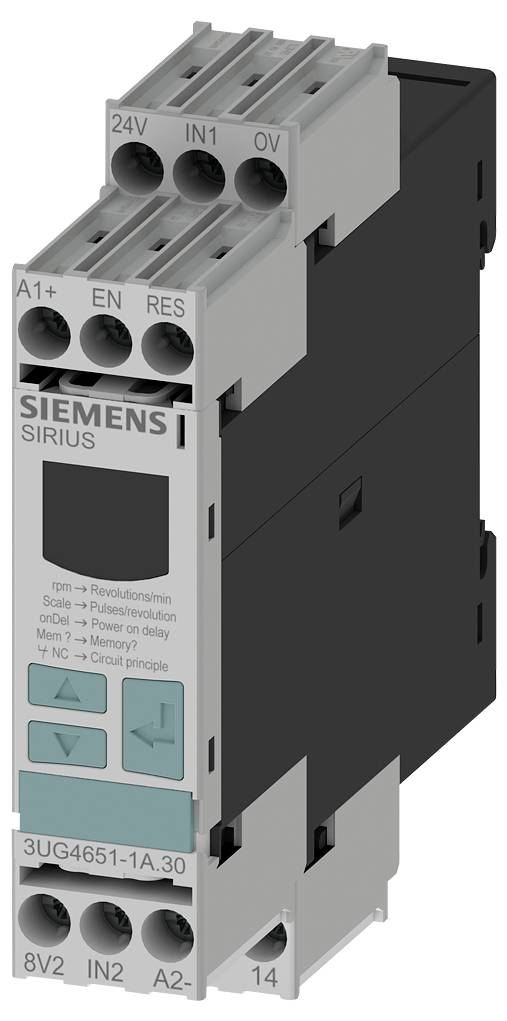 'SIRIUS Zeitrelais von Siemens mit mehreren Anschlüssen und Einstellungsmöglichkeiten. Frontbeschriftung: Drehzahl, Nahtstelle, Arbeitsprinzip.'