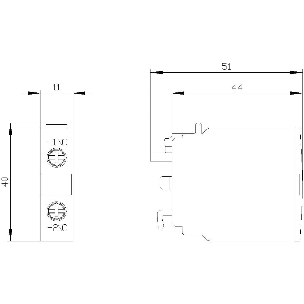 Technische Zeichnung eines elektrischen Bauteils mit Maßen: Breite 11 mm, Höhe 40 mm, Länge 51 mm; seitlich 44 mm.