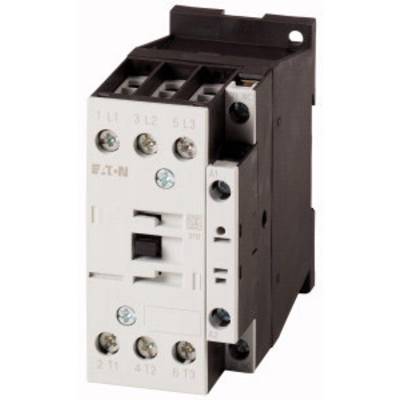 Ein elektrischer Schütz von Eaton mit mehreren Schraubanschlüssen und Beschriftungen, hauptsächlich in Weiß und Schwarz gehalten.