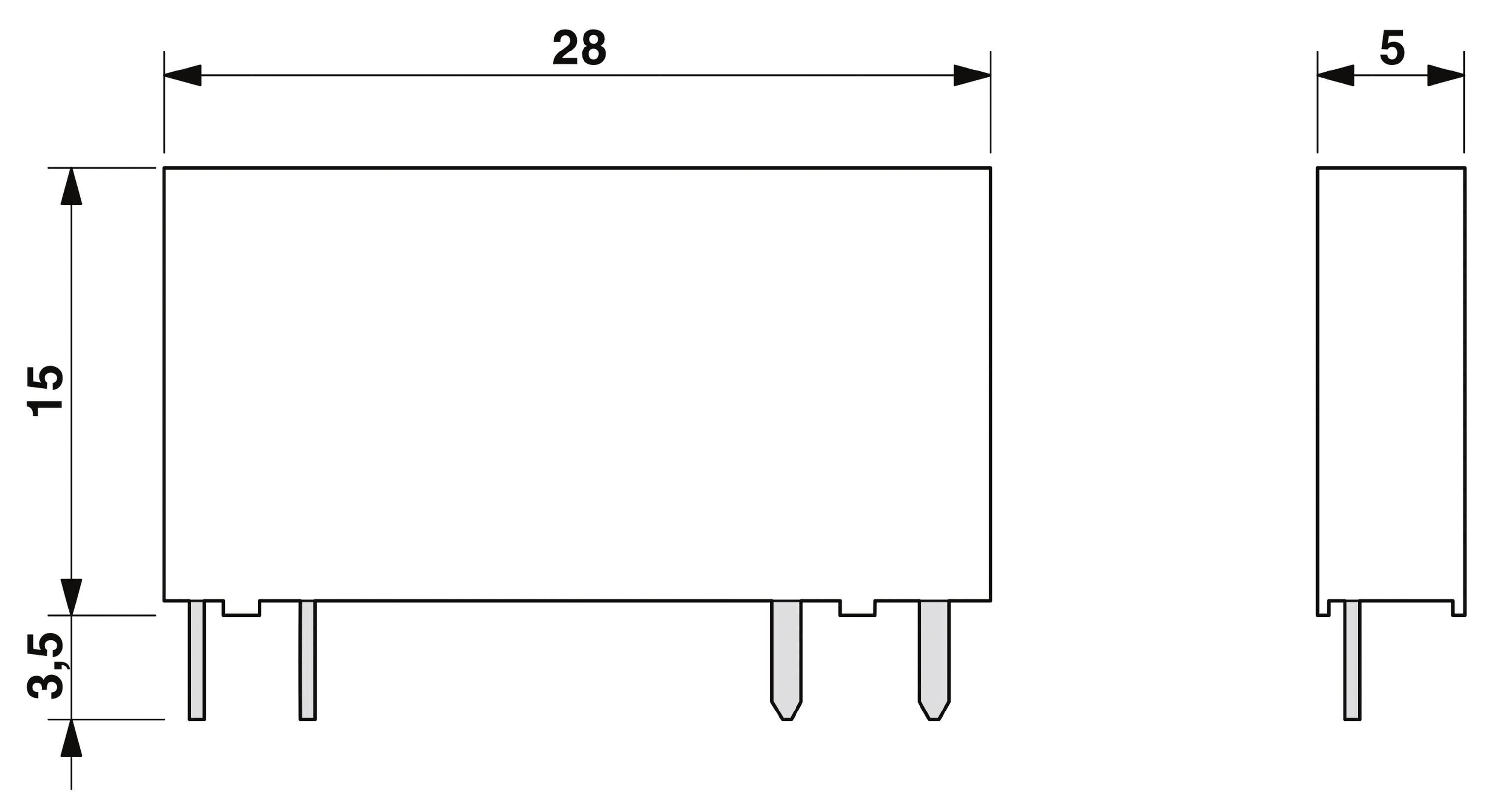 Technische Zeichnung eines rechteckigen elektrischen Bauteils mit Maßen: 28 mm Breite, 15 mm Höhe, 5 mm Tiefe.
