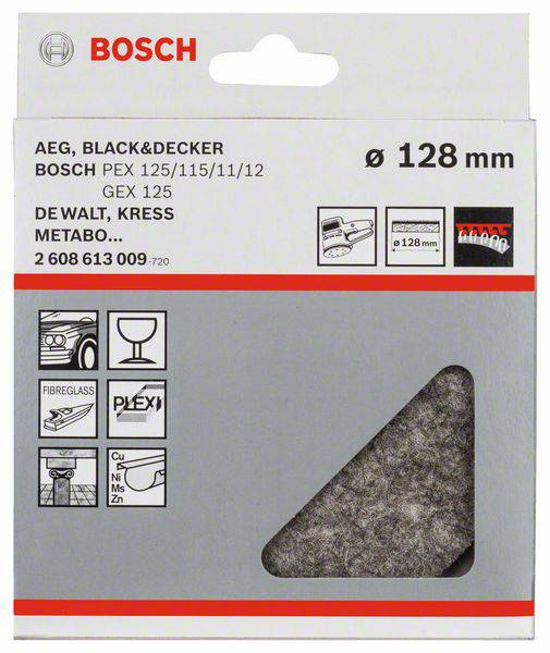 'Scheibenpackung mit der Aufschrift: AEG, Black & Decker, Bosch, De Walt, Kress, Metabo. Durchmesser 128 mm. Geeignet für verschiedene Oberflächen.'