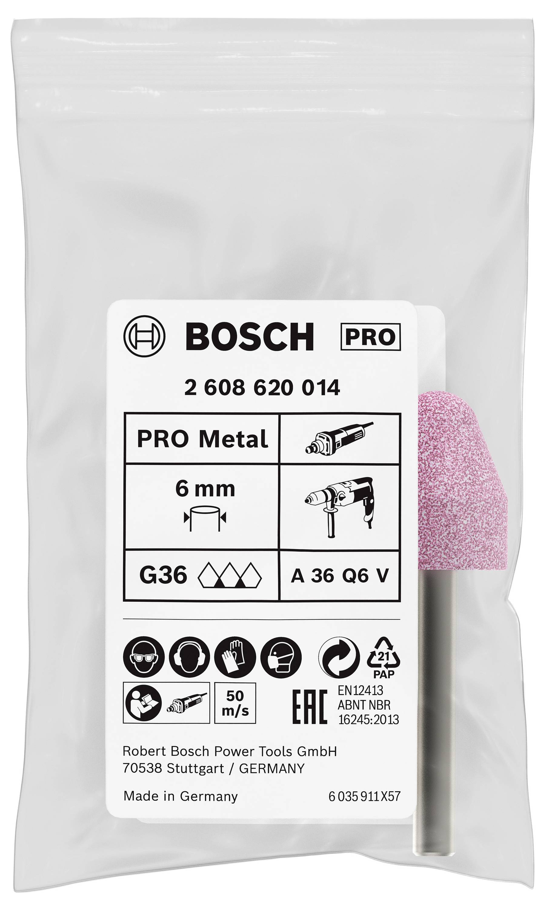 Abbildung eines Bosch PRO Metall-Schleifkopfs, 6 mm, in einer Verpackung. Enthält Sicherheits- und Herstellerinformationen.