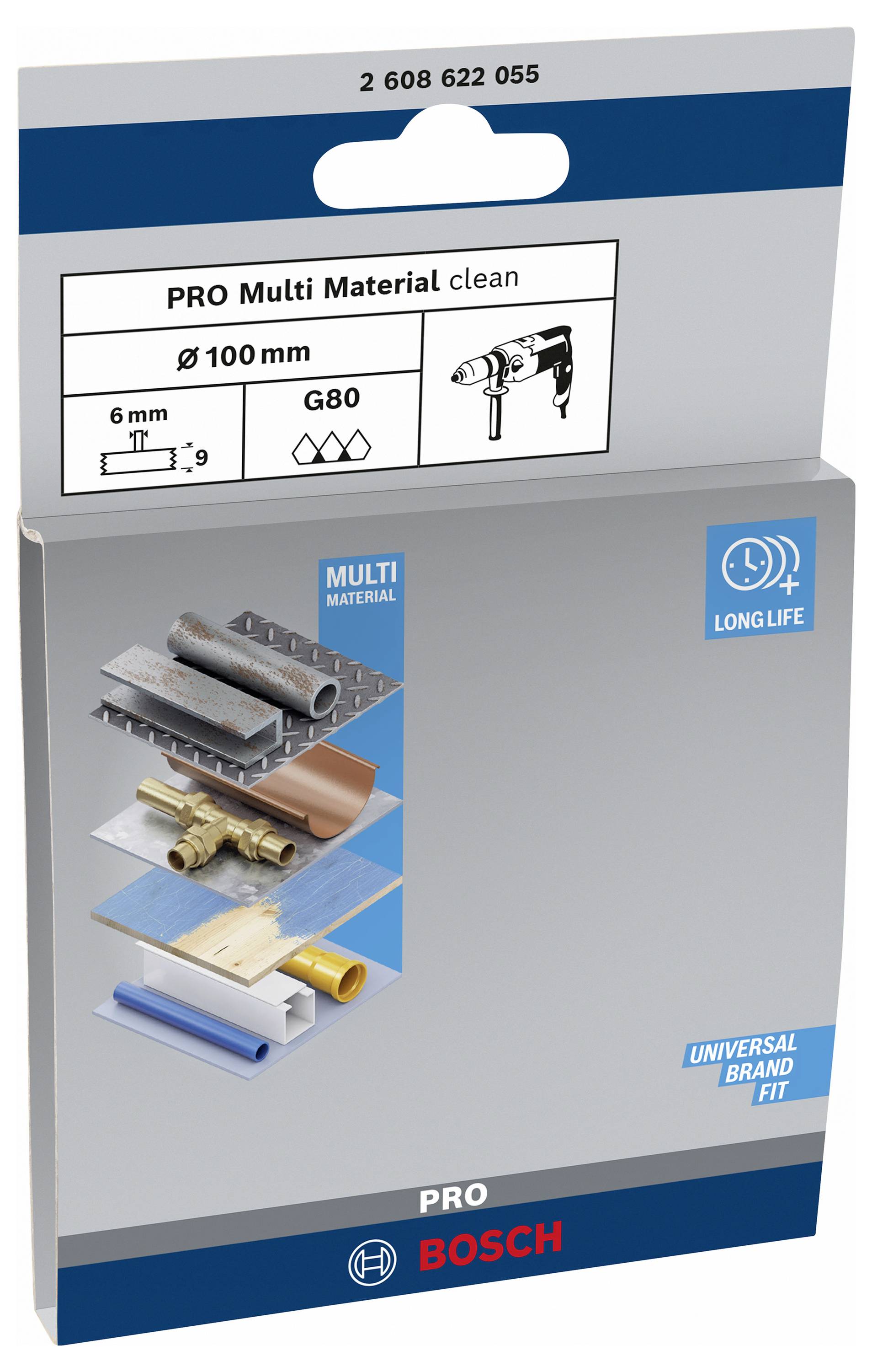 Verpackung eines 'Bosch PRO Multi Material'-Trennscheiben-Sets. Auf der Vorderseite sind diverse Materialien abgebildet, die bearbeitet werden können.