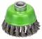 Grüner Topfbürstenaufsatz mit verdrillten Drahtborsten. Geeignet zum Entrosten oder Bearbeiten von Metalloberflächen.