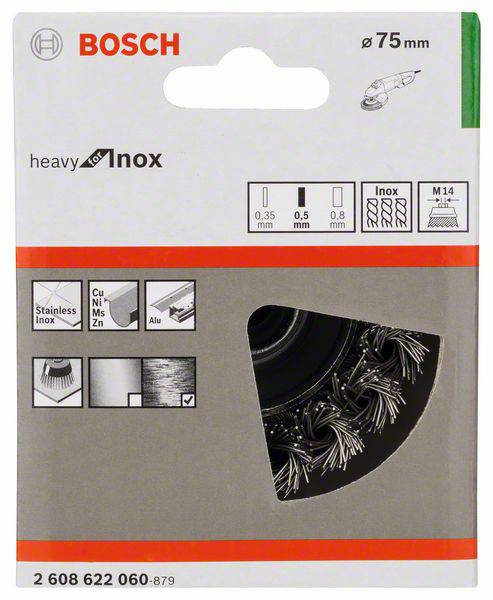 Verpackung einer Bosch 75 mm Drahtbürste für Inox-Bearbeitung. Geeignet für Edelstahl, Cu, Ni, Messing, Zink, Aluminium. Abmessungen: 0,35 mm - 0,8 mm.