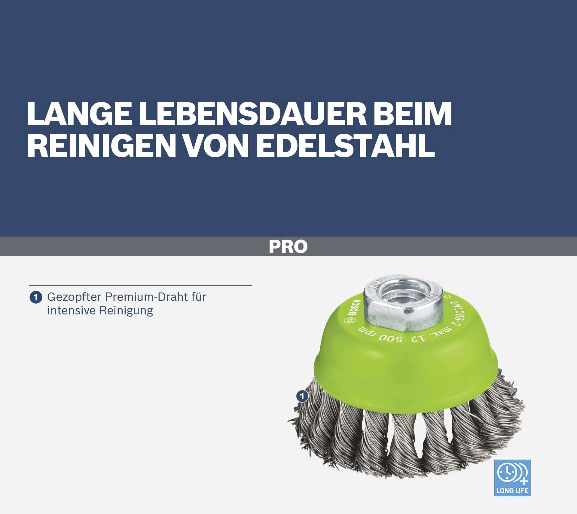 'Bürste mit grünem Kopf und Metallborsten; geeignet für intensive Reinigung von Edelstahl. Text: Lange Lebensdauer beim Reinigen von Edelstahl.'
