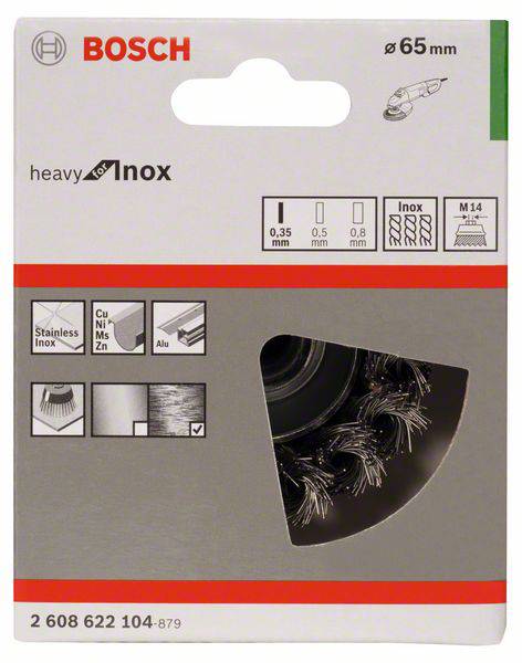 Abbildung einer Bosch Inox Schleifbürste mit 65 mm Durchmesser, geeignet für Edelstahl. Verpackung zeigt Anwendungsbereiche und technische Details.