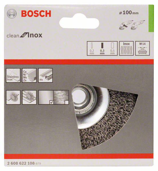 Verpackung einer Bosch Reinigungsbürste 'clean for Inox', Durchmesser 100 mm, geeignet für Edelstahl, Stahl, Aluminium.