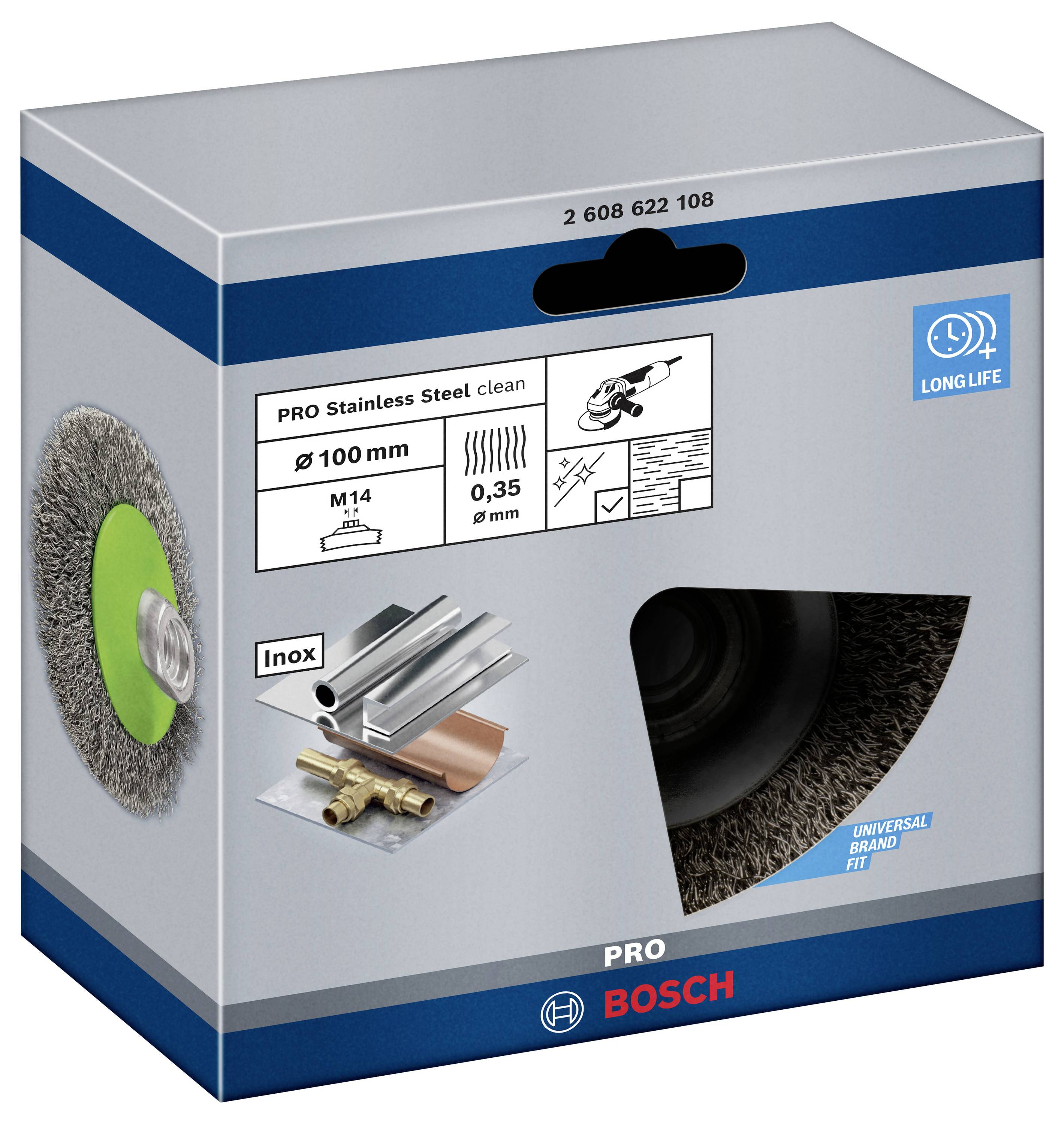 'PRO Stainless Steel clean Bürste, Ø 100 mm, M14, 0,35 g/mm' Verpackung mit Edelstahlbürste dargestellt, geeignet für Metallbearbeitung.