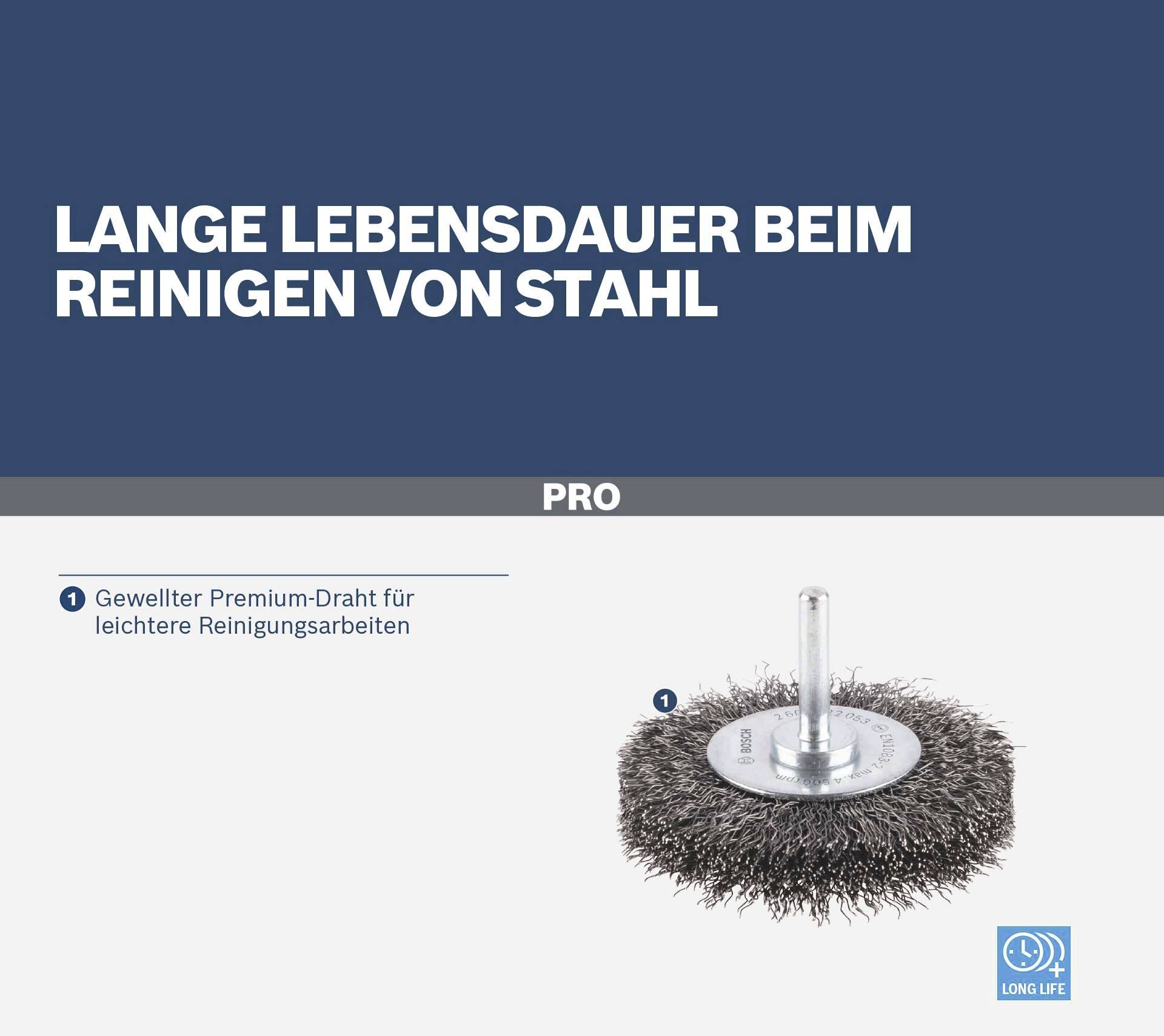 'Gewellter Premium-Draht für leichtere Reinigungsarbeiten'. Ein Drahtbürstenaufsatz für Stahlreinigung auf blauem Hintergrund.