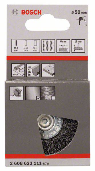'Drahtbürste von Bosch, geeignet für Metall, Kupfer, Messing, Zink und Holz. Durchmesser 50 mm. Artikelnummer: 2 608 622 111-879.'