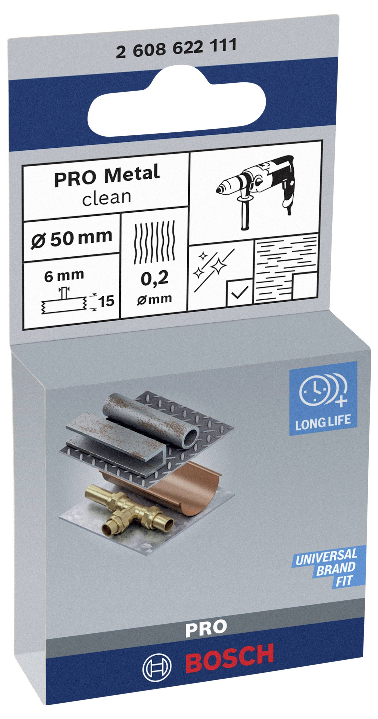 Verpackung eines 'Bosch PRO Metal clean' Werkzeugs. Zeigt Bohrmaschine-Symbol, Angaben: Ø50mm, 6mm Lochgröße, 0,2mm Dicke, kompatibel mit Metall.